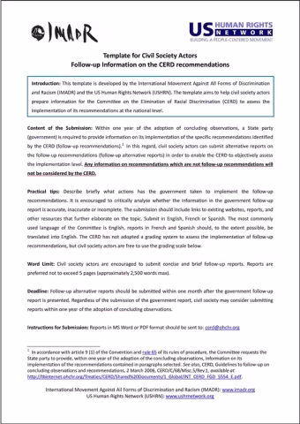 Template for Follow Up on CERD Recommendations